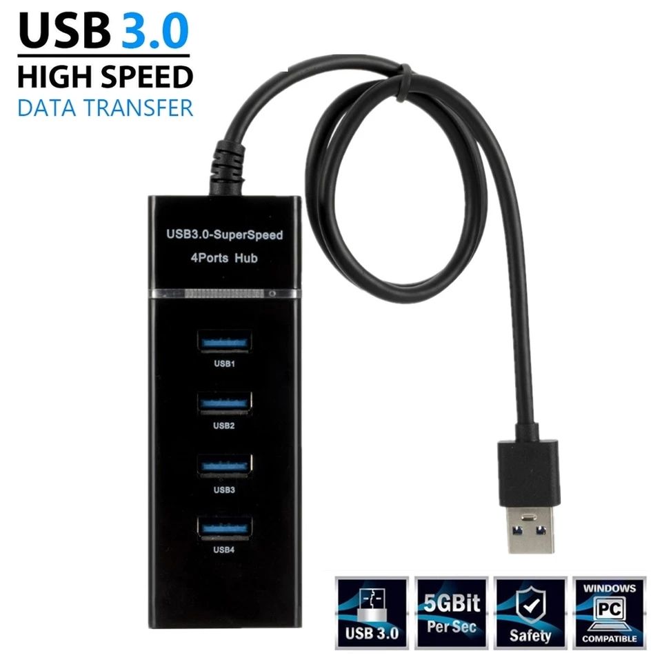 4 Ports 3.0 USB Hub  Adapter High Speed Data Transfer