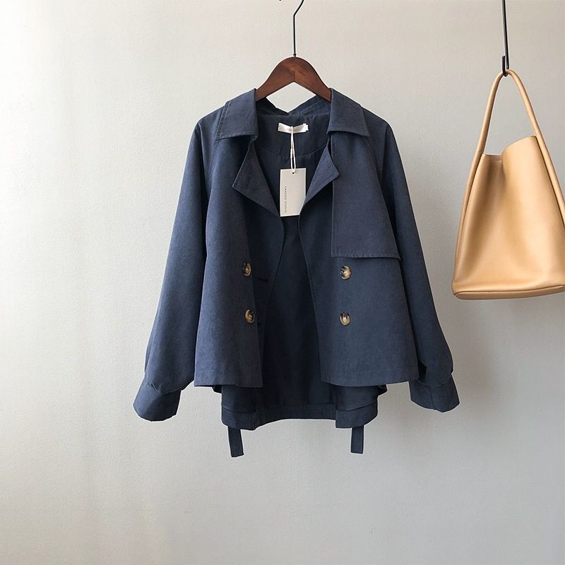 Ladies Retro Short Loose Windbreaker Jacket - Navy Blue