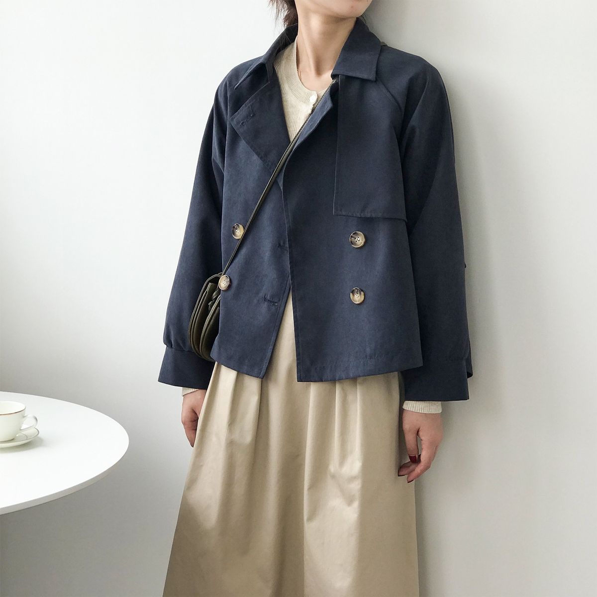 Ladies Retro Short Loose Windbreaker Jacket - Navy Blue