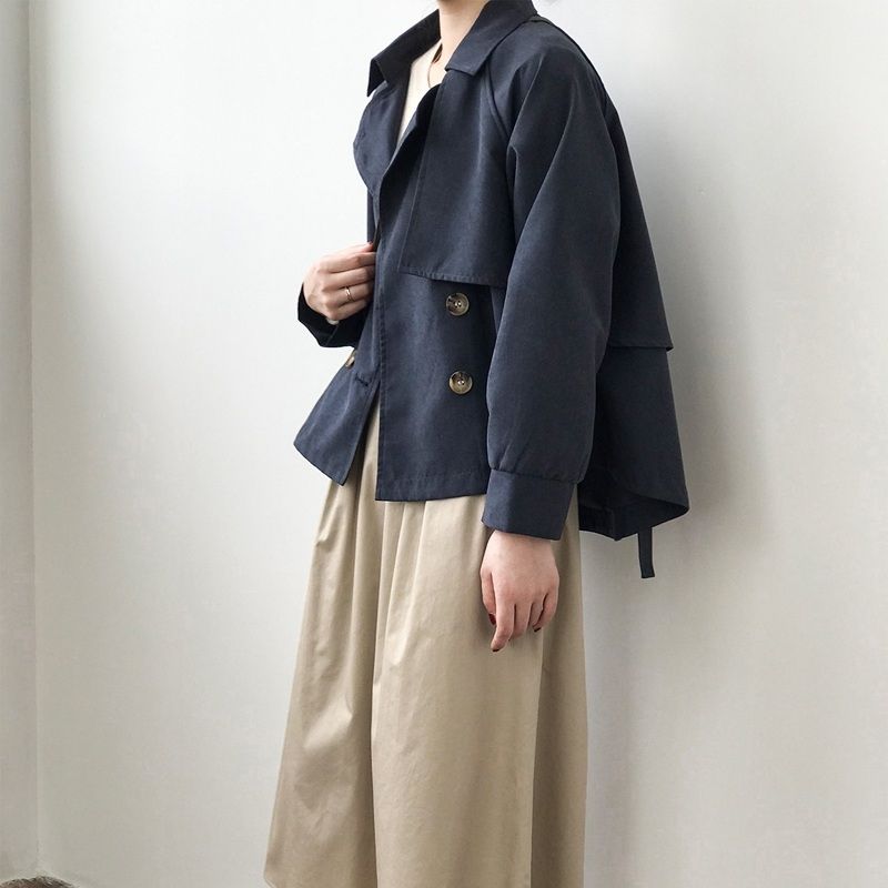 Ladies Retro Short Loose Windbreaker Jacket - Navy Blue