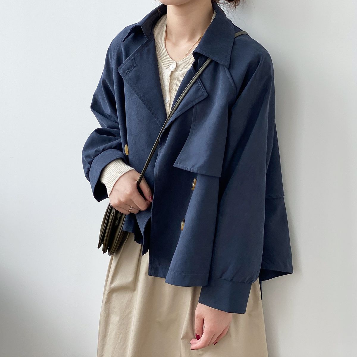 Ladies Retro Short Loose Windbreaker Jacket - Navy Blue