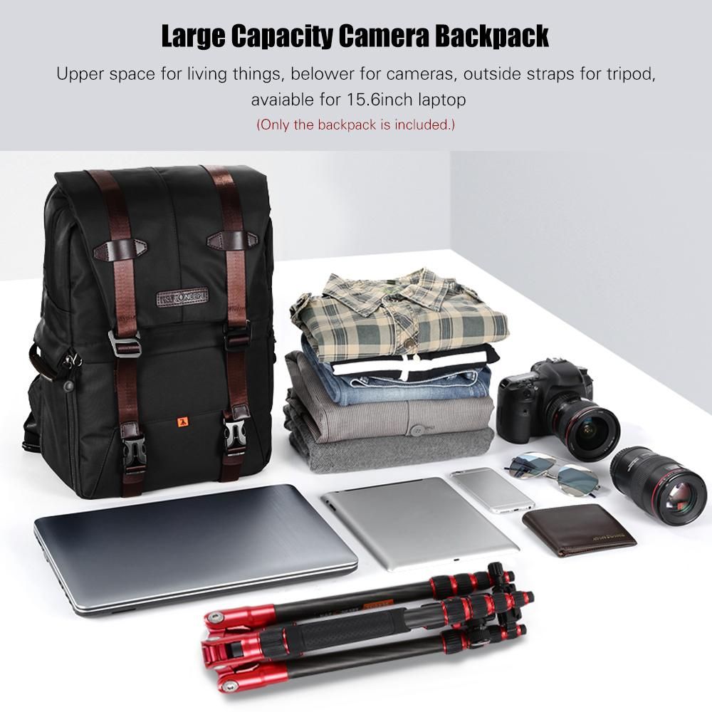 K&F CONCEPT Camera Backpack Photography Storager Bag Side Open Available for 15.6in Laptop with Rainproof Cover Tripod Catch Straps for SLR DSLR Black