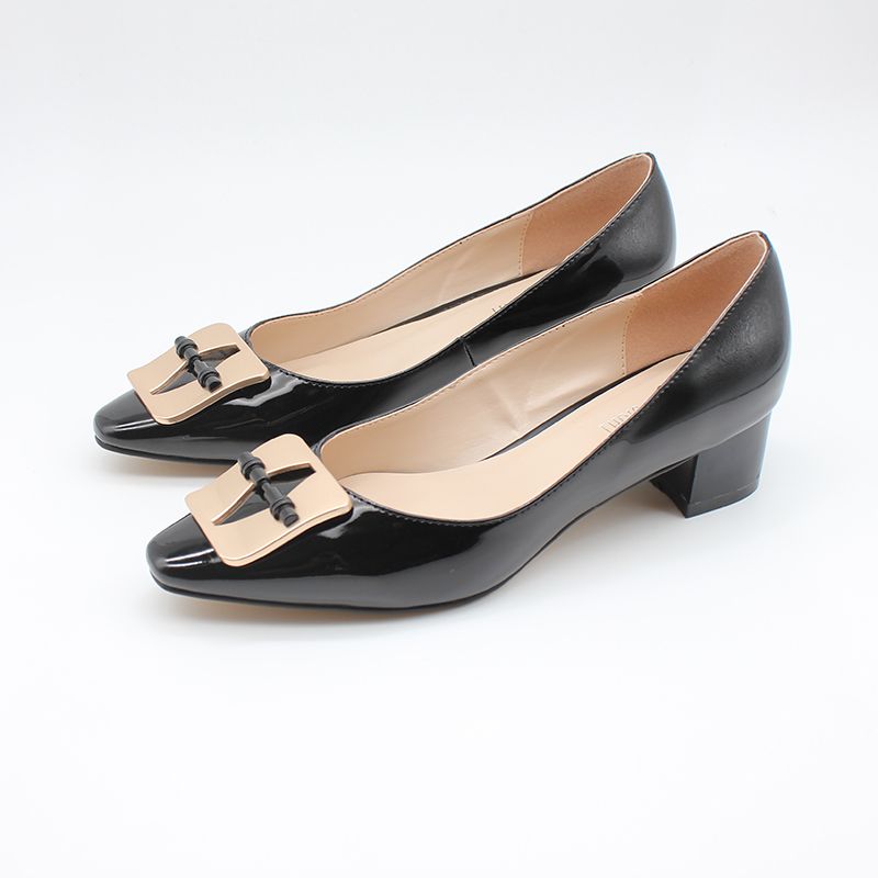 Women's Office Patent Mid-Heeled Shoe-Black