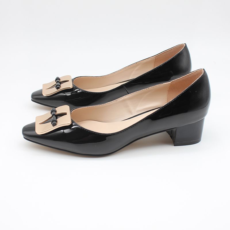 Women's Office Patent Mid-Heeled Shoe-Black