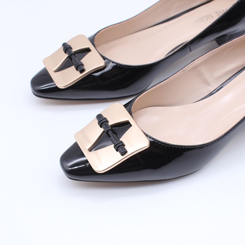 Women's Office Patent Mid-Heeled Shoe-Black