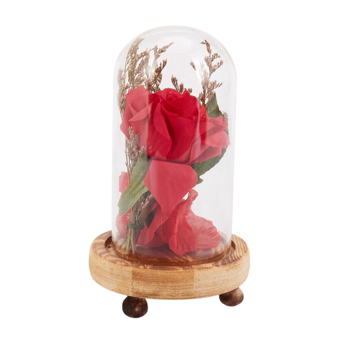 Romantic Red Rose In A Glass Dome On A Wooden Base