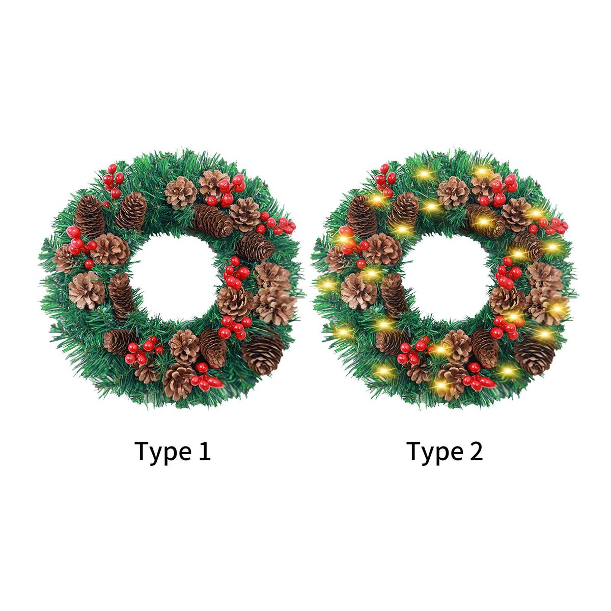 LED Christmas Wreath With Battery Powered String Light Pine Cones Red Fruit 20 Inch Merry Christmas Hanging Garland Artificial Wreath for Front Door Wall Party Decoration