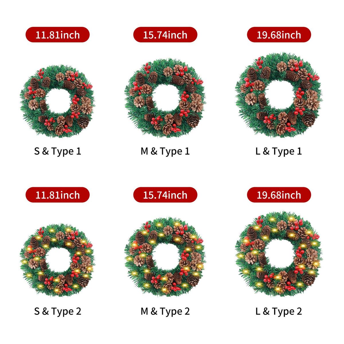 LED Christmas Wreath With Battery Powered String Light Pine Cones Red Fruit 20 Inch Merry Christmas Hanging Garland Artificial Wreath for Front Door Wall Party Decoration