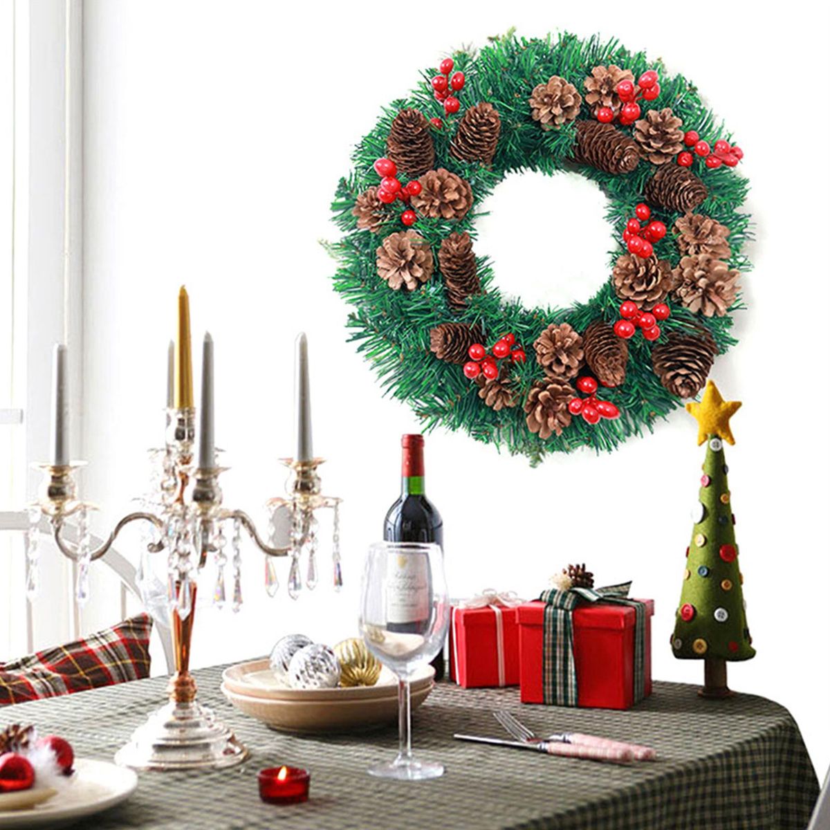 LED Christmas Wreath With Battery Powered String Light Pine Cones Red Fruit 20 Inch Merry Christmas Hanging Garland Artificial Wreath for Front Door Wall Party Decoration