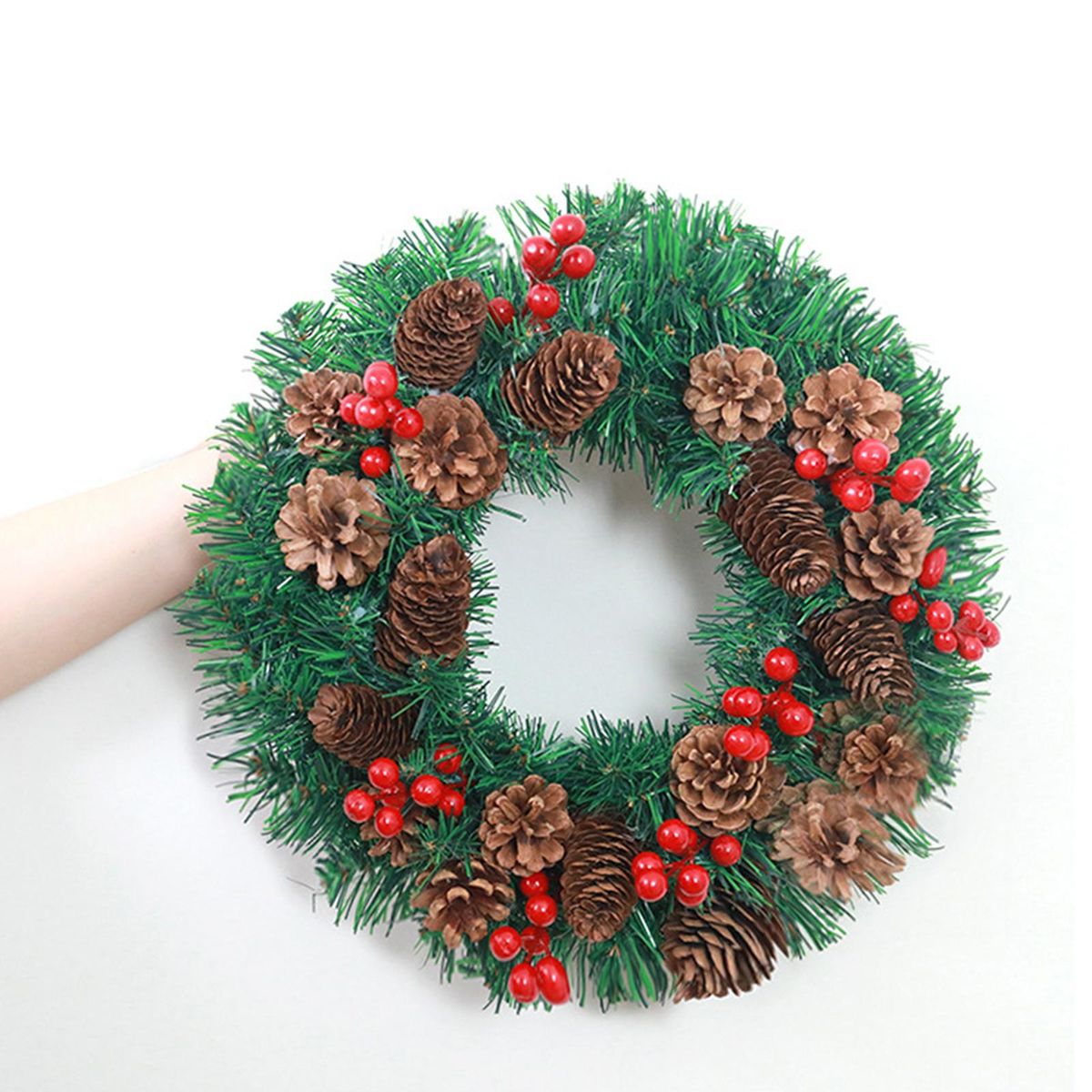 LED Christmas Wreath With Battery Powered String Light Pine Cones Red Fruit 20 Inch Merry Christmas Hanging Garland Artificial Wreath for Front Door Wall Party Decoration