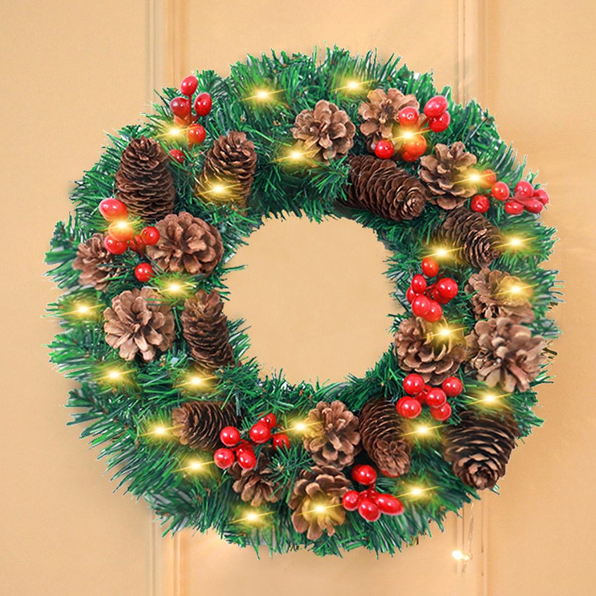 LED Christmas Wreath With Battery Powered String Light Pine Cones Red Fruit 20 Inch Merry Christmas Hanging Garland Artificial Wreath for Front Door Wall Party Decoration