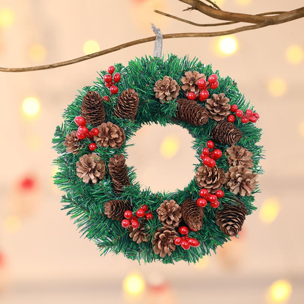 LED Christmas Wreath With Battery Powered String Light Pine Cones Red Fruit 20 Inch Merry Christmas Hanging Garland Artificial Wreath for Front Door Wall Party Decoration