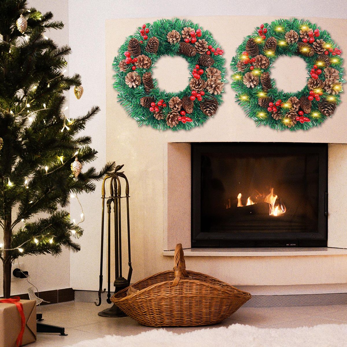 LED Christmas Wreath With Battery Powered String Light Pine Cones Red Fruit 20 Inch Merry Christmas Hanging Garland Artificial Wreath for Front Door Wall Party Decoration