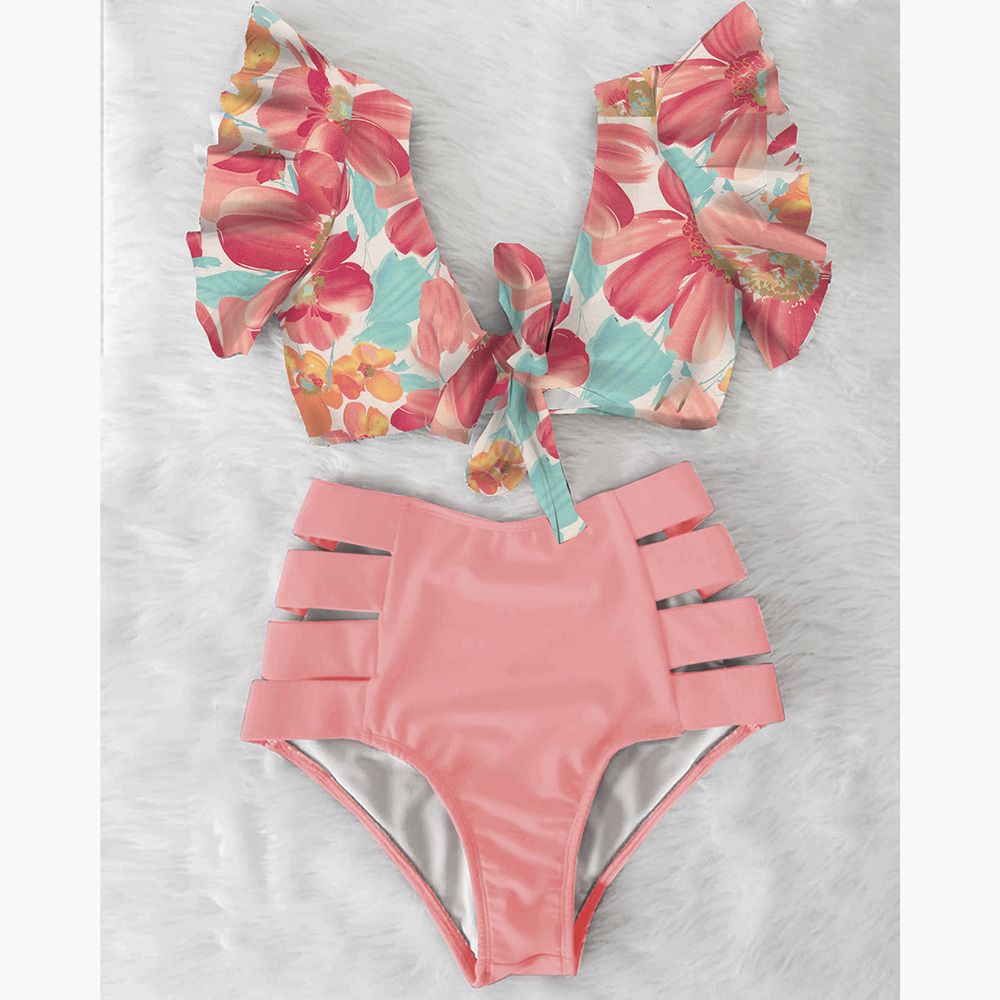 High Waist Bikini Ruffle Swimwear Women Print Swimsuit Push Up Bikinis Plus Size Bathing Suits Floral Beach Wear NA19508DB KIP