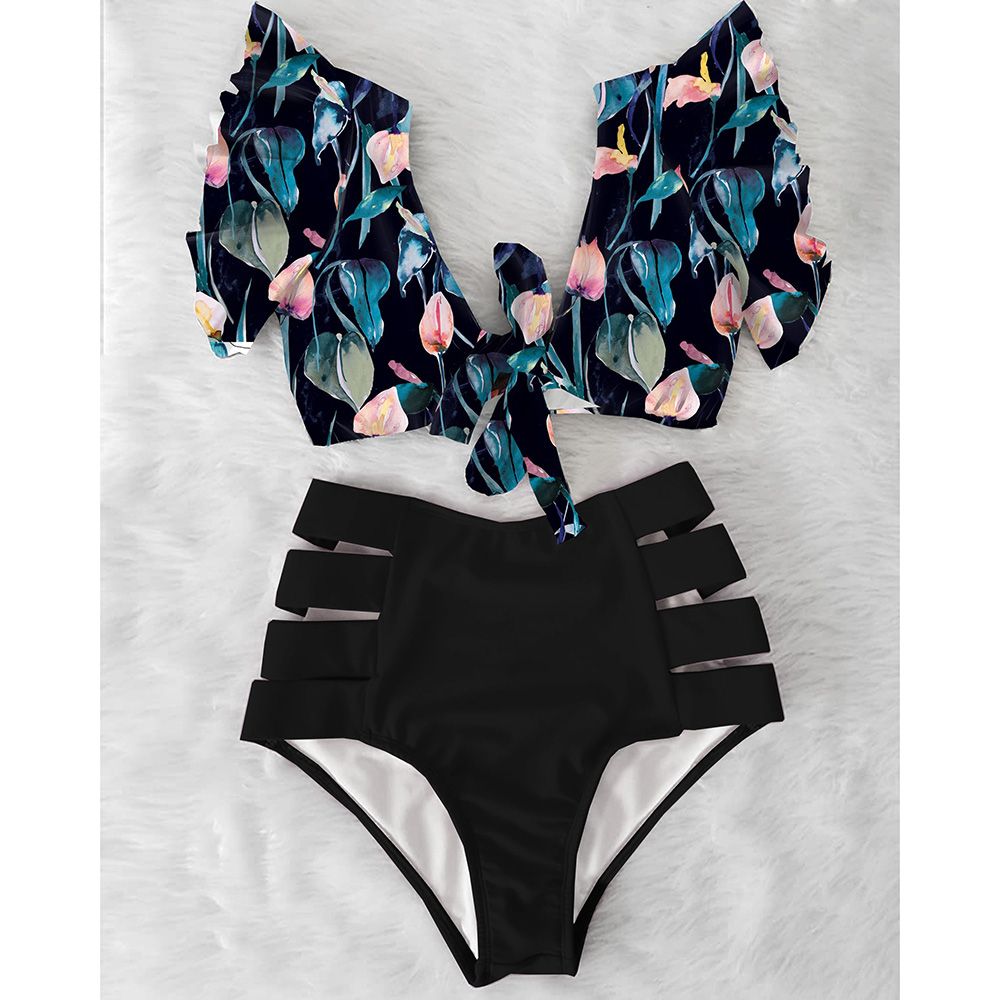 High Waist Bikini Ruffle Swimwear Women Print Swimsuit Push Up Bikinis Plus Size Bathing Suits Floral Beach Wear NA19508DB KIP