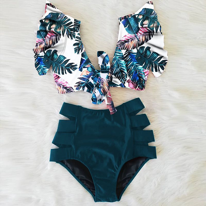 High Waist Bikini Ruffle Swimwear Women Print Swimsuit Push Up Bikinis Plus Size Bathing Suits Floral Beach Wear NA19508DB KIP