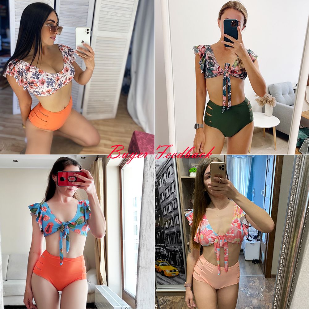 High Waist Bikini Ruffle Swimwear Women Print Swimsuit Push Up Bikinis Plus Size Bathing Suits Floral Beach Wear NA19508DB KIP