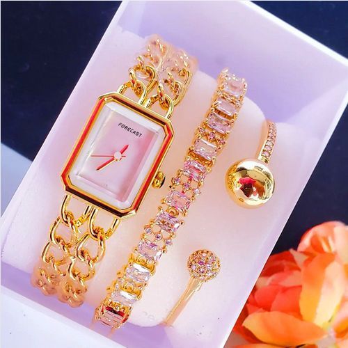 Extremely Beautiful & Radiant Gold Wristwatch +  Double Luxury Wrist Bracelet For Pretty Damsel
