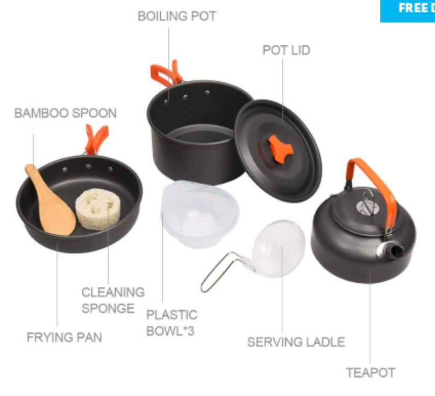 Camping Outdoor Cookware Set Incl. Kettle, Pan & Cooking Pot