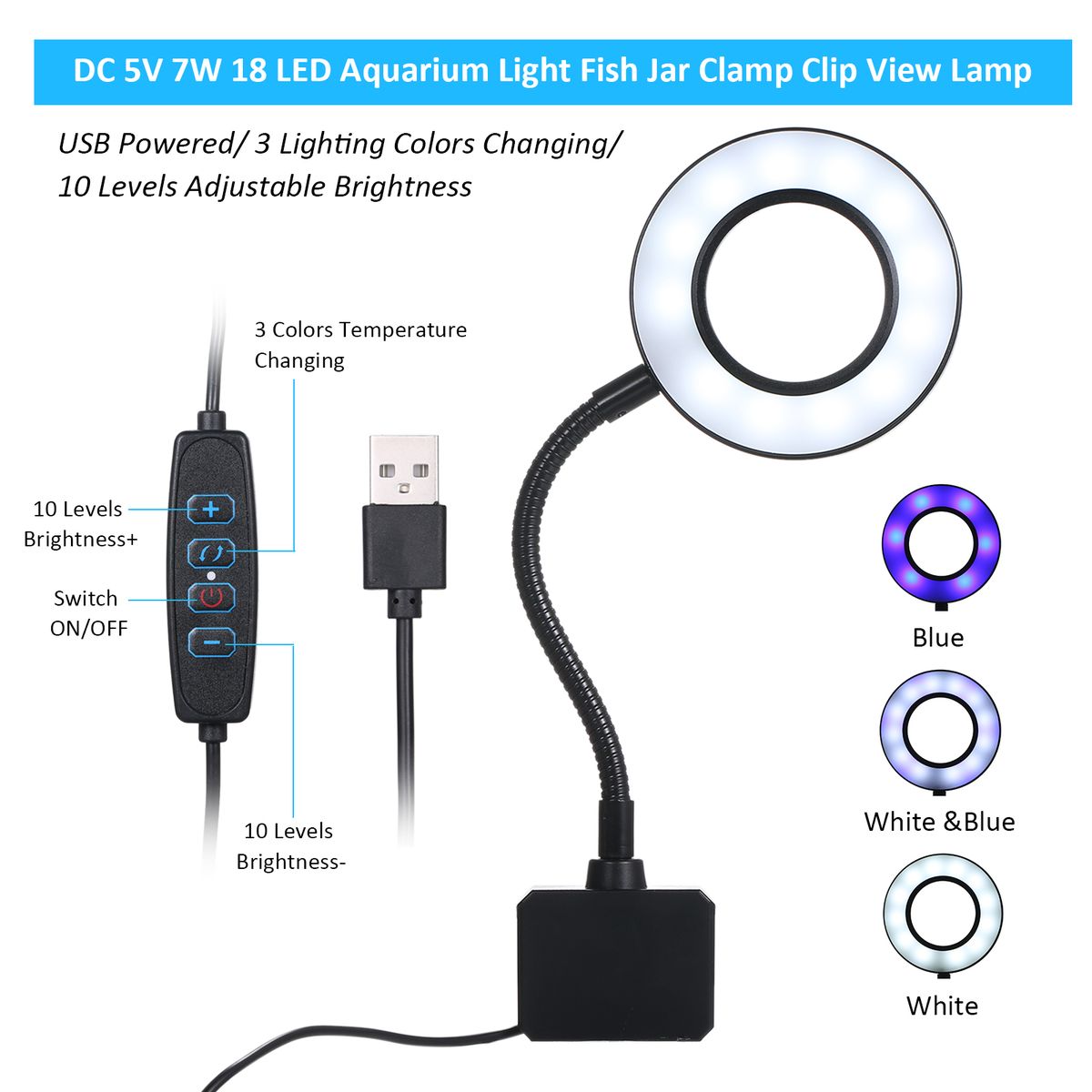 D C 5V 7W 18 LED Aquarium Light Fish Jar Clamp Clip  View