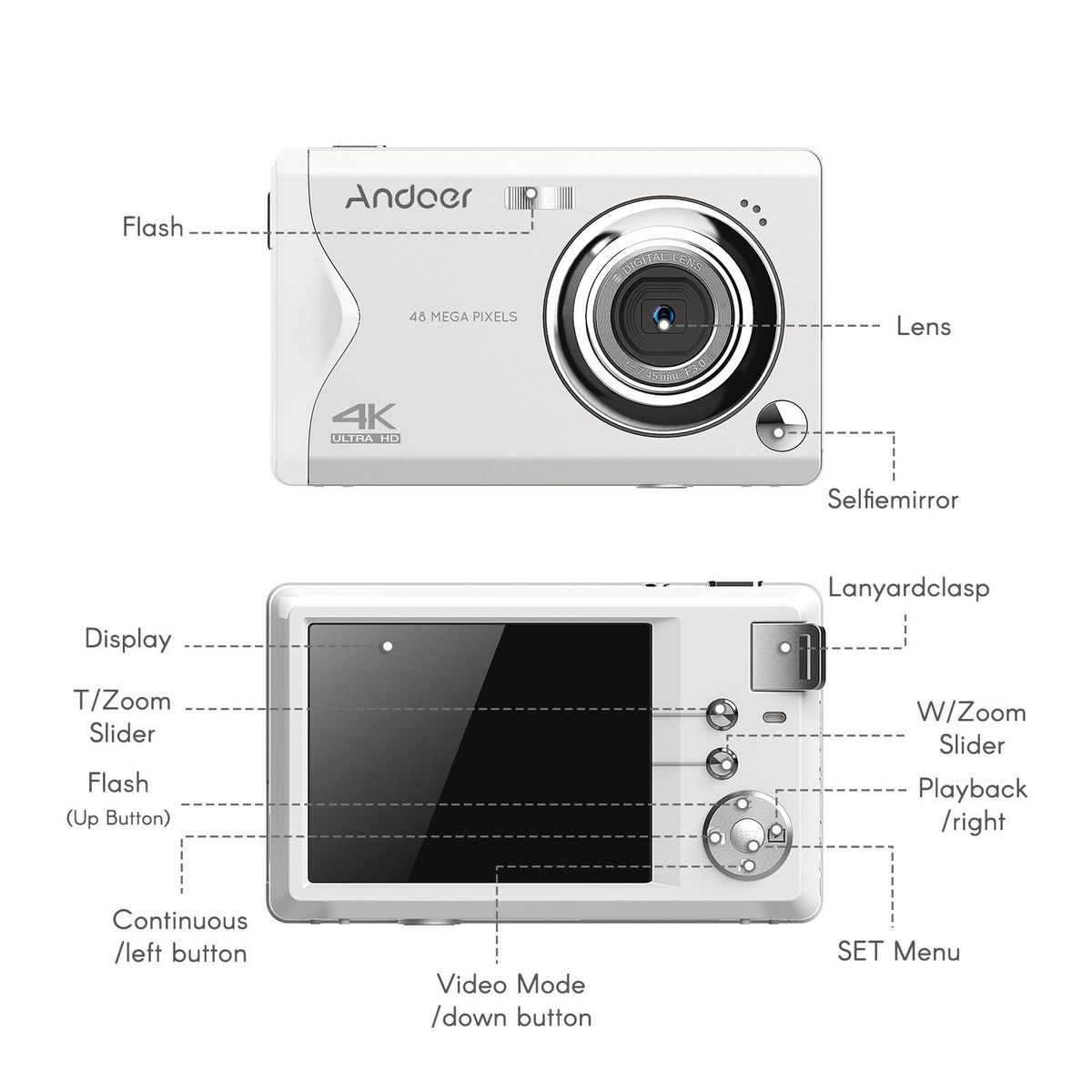 Andoer 3.0-inch TFT Portable Digital Camera 48MP 4K Ultra HD 16X Zoom Auto Focus Self-Timer Face Detection Anti-shaking with 2pcs Batteries Hand Strap Great Gift for Childeren