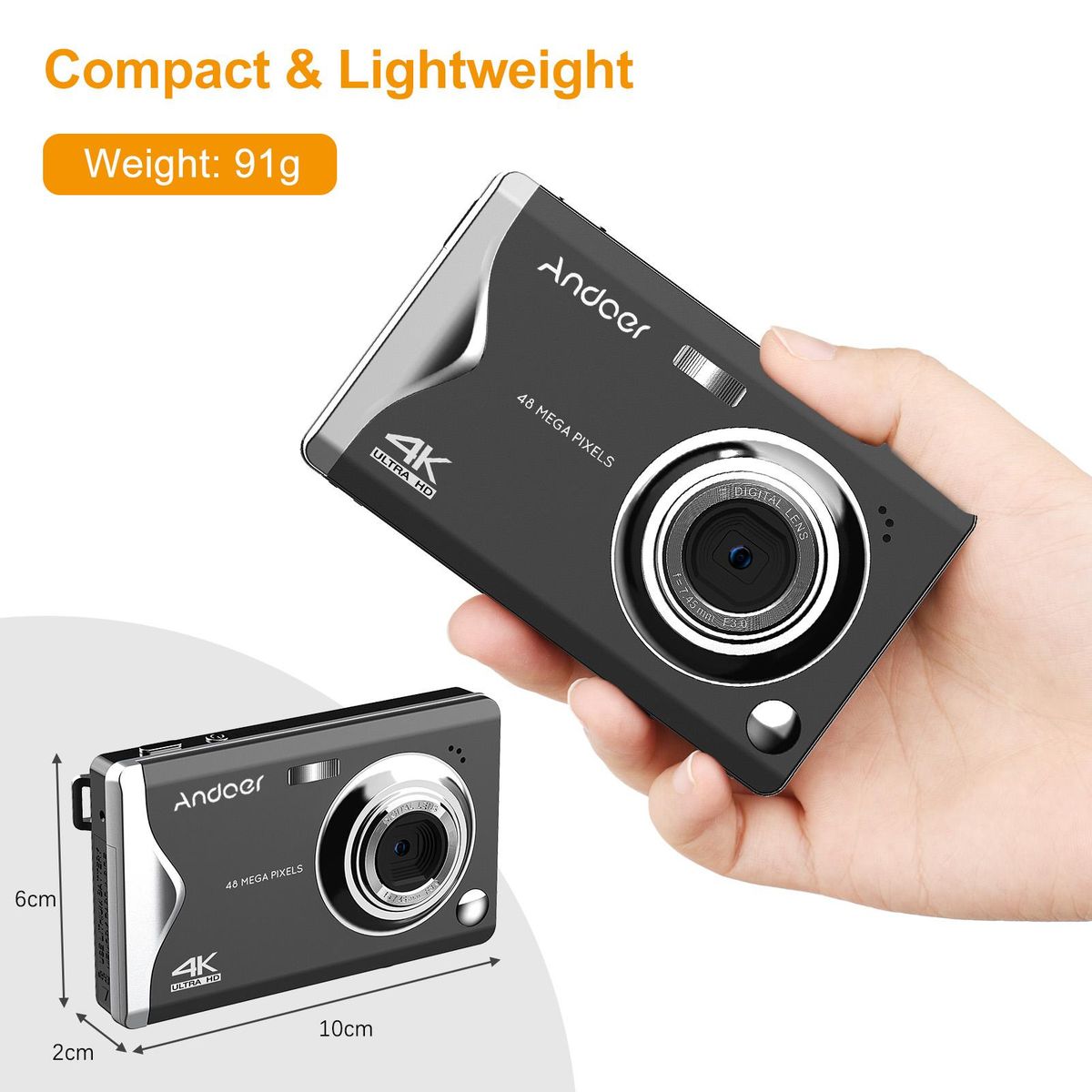 Andoer 3.0-inch TFT Portable Digital Camera 48MP 4K Ultra HD 16X Zoom Auto Focus Self-Timer Face Detection Anti-shaking with 2pcs Batteries Hand Strap Great Gift for Childeren