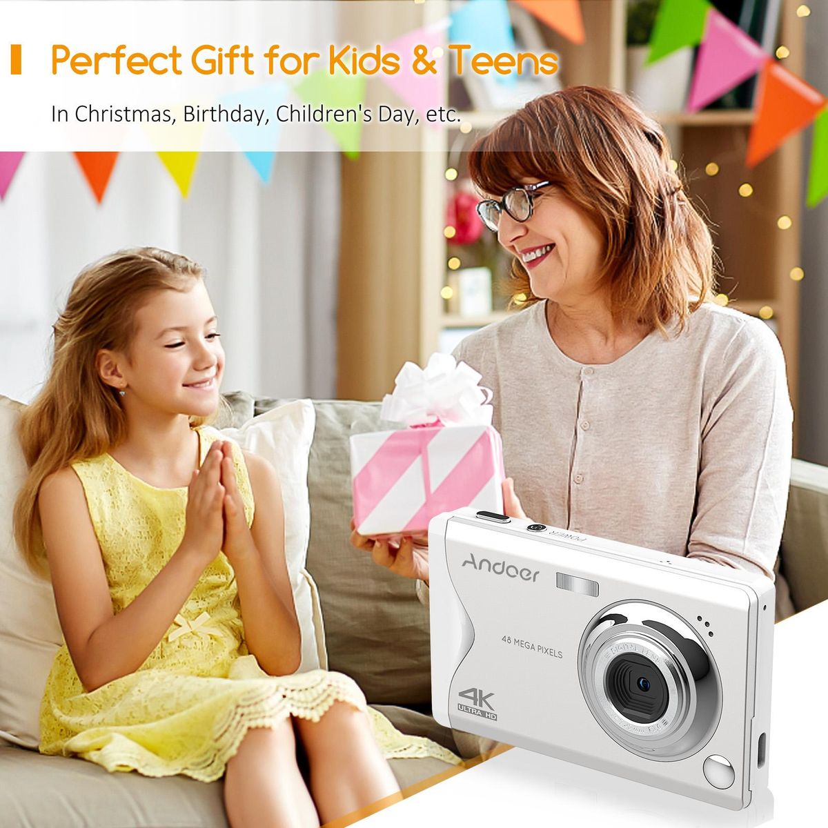 Andoer 3.0-inch TFT Portable Digital Camera 48MP 4K Ultra HD 16X Zoom Auto Focus Self-Timer Face Detection Anti-shaking with 2pcs Batteries Hand Strap Great Gift for Childeren