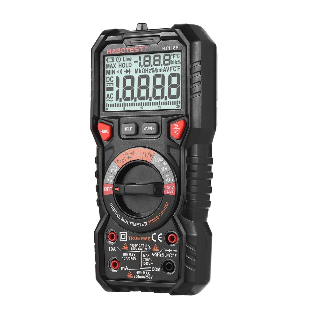 HABOTEST HT118E Digital Multimeter Auto Range Multi-meter 20,000 Counts True RMS Measuring AC/DC Voltage & Current Resistance Capacitance Frequency Temperature Continuity Duty MAX/MIN Mesaurement Live & NCV Test Diode with LC