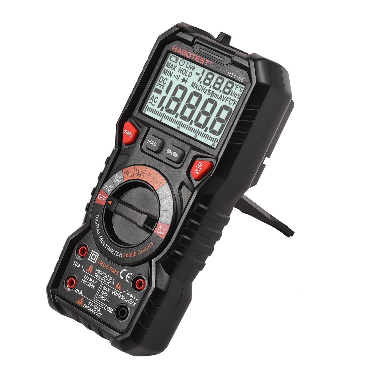 HABOTEST HT118E Digital Multimeter Auto Range Multi-meter 20,000 Counts True RMS Measuring AC/DC Voltage & Current Resistance Capacitance Frequency Temperature Continuity Duty MAX/MIN Mesaurement Live & NCV Test Diode with LC
