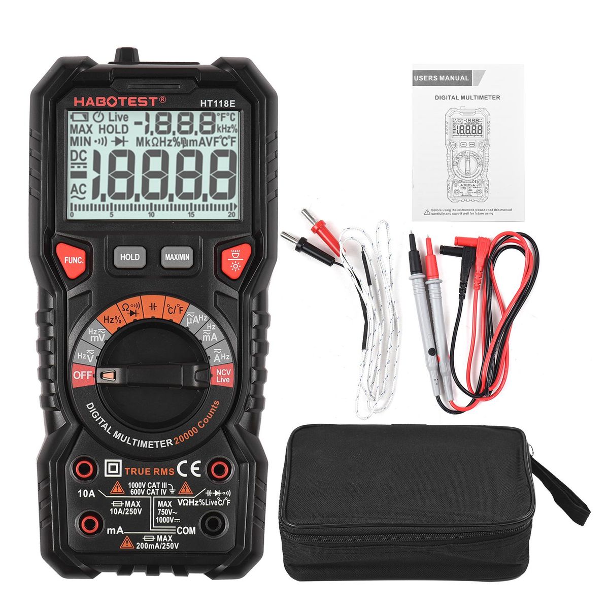 HABOTEST HT118E Digital Multimeter Auto Range Multi-meter 20,000 Counts True RMS Measuring AC/DC Voltage & Current Resistance Capacitance Frequency Temperature Continuity Duty MAX/MIN Mesaurement Live & NCV Test Diode with LC