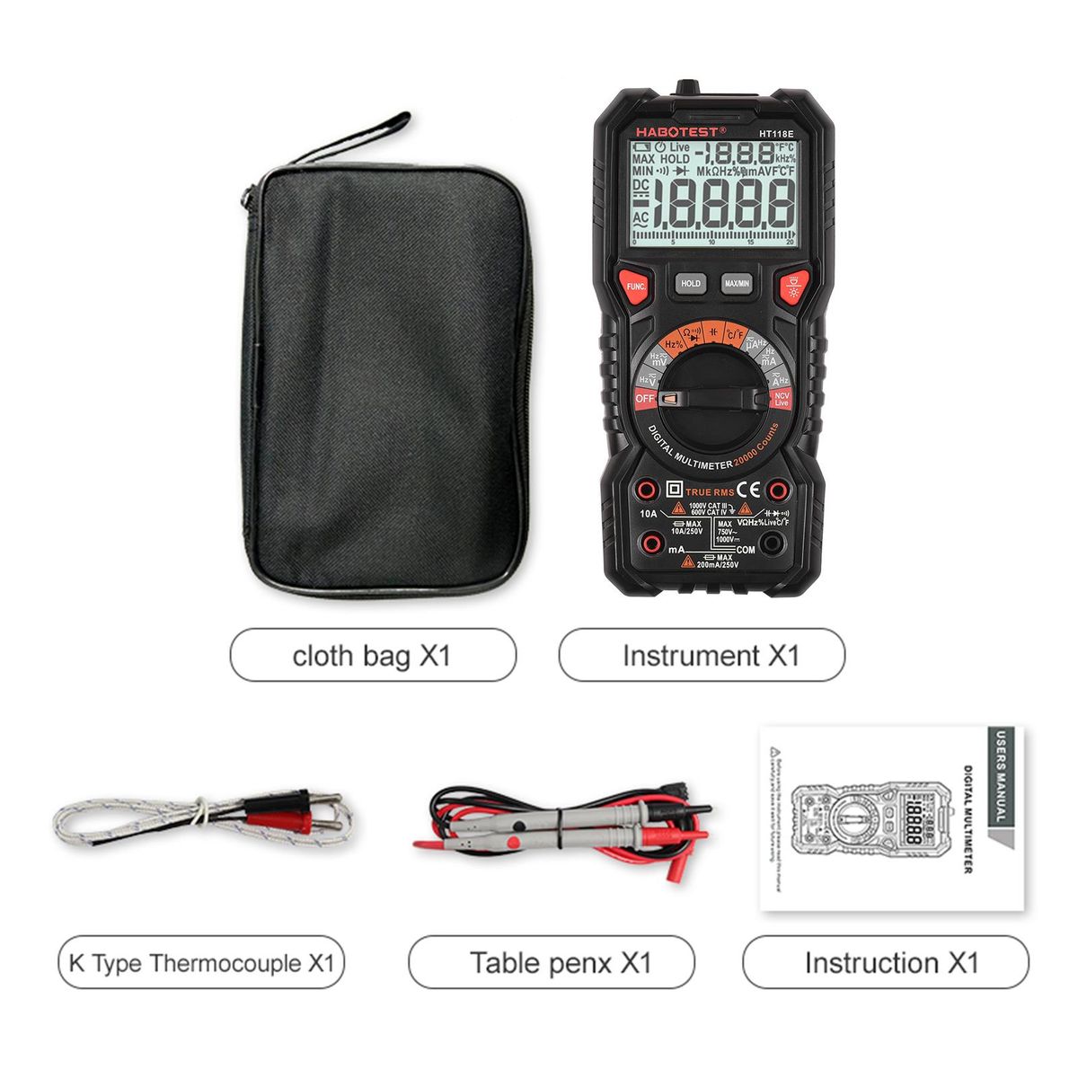 HABOTEST HT118E Digital Multimeter Auto Range Multi-meter 20,000 Counts True RMS Measuring AC/DC Voltage & Current Resistance Capacitance Frequency Temperature Continuity Duty MAX/MIN Mesaurement Live & NCV Test Diode with LC