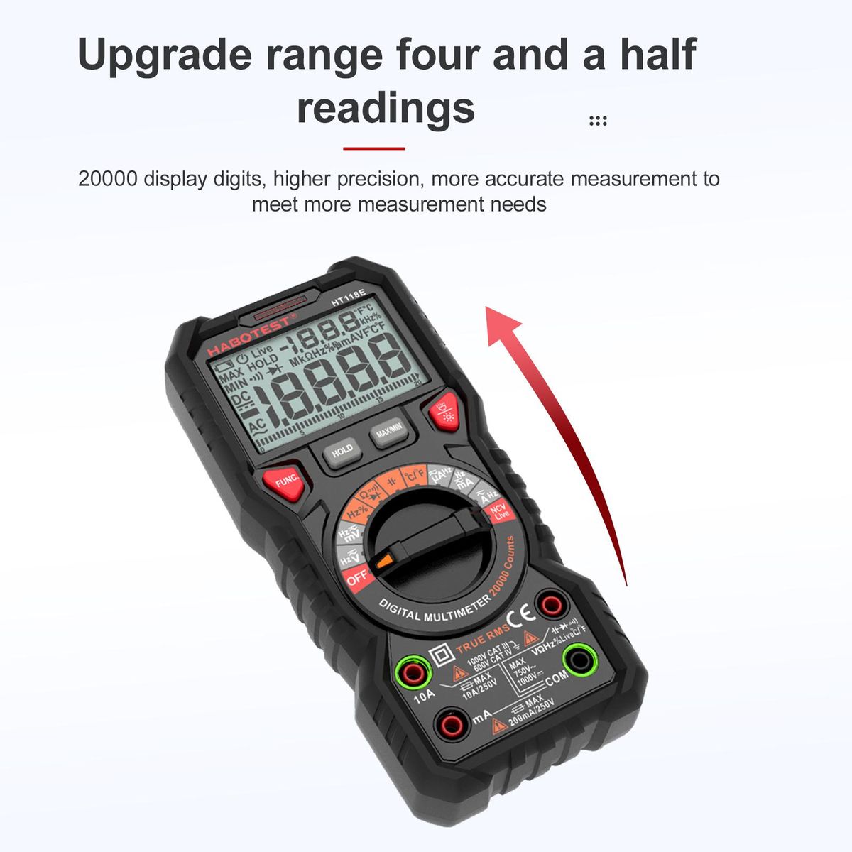 HABOTEST HT118E Digital Multimeter Auto Range Multi-meter 20,000 Counts True RMS Measuring AC/DC Voltage & Current Resistance Capacitance Frequency Temperature Continuity Duty MAX/MIN Mesaurement Live & NCV Test Diode with LC