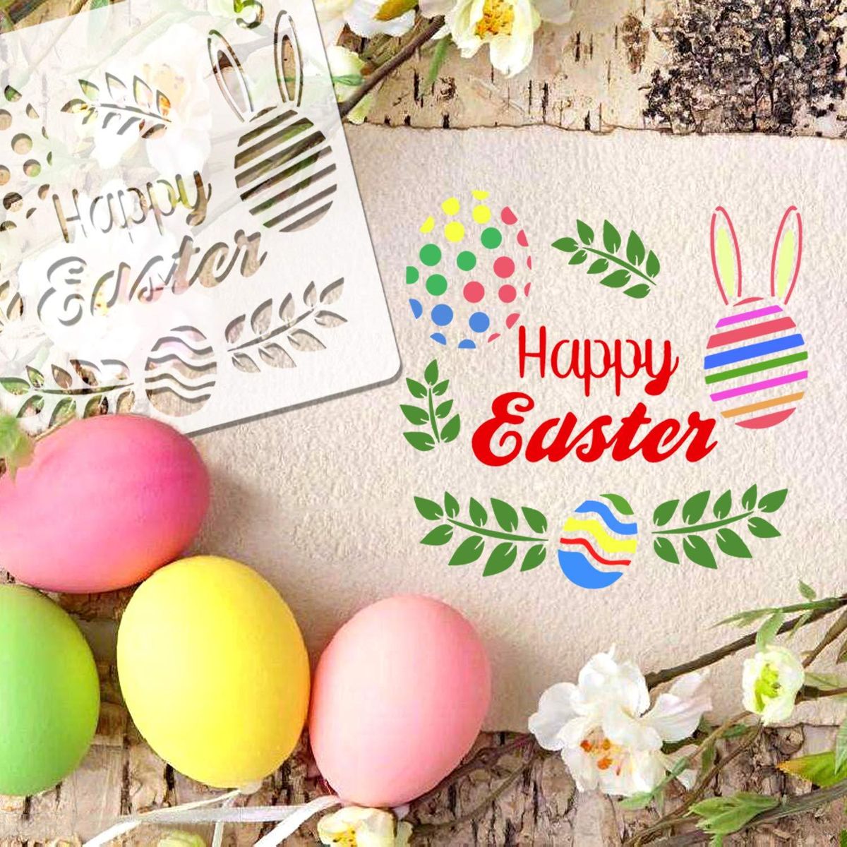 8Pcs Easter Drawing Painting Stencils Template Sets Washable PET Stencils for Painting Decoration Crafts for Kids Gift