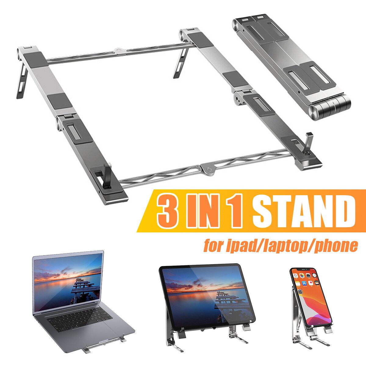3 IN 1 Laptop Stand, Laptop Holder Riser Portable Adjustable Computer Tablet Stand, Aluminum Alloy Foldable Laptop Stand Compatible MacBook More 10-15.6" Laptops & Tablet(Silver) Silver