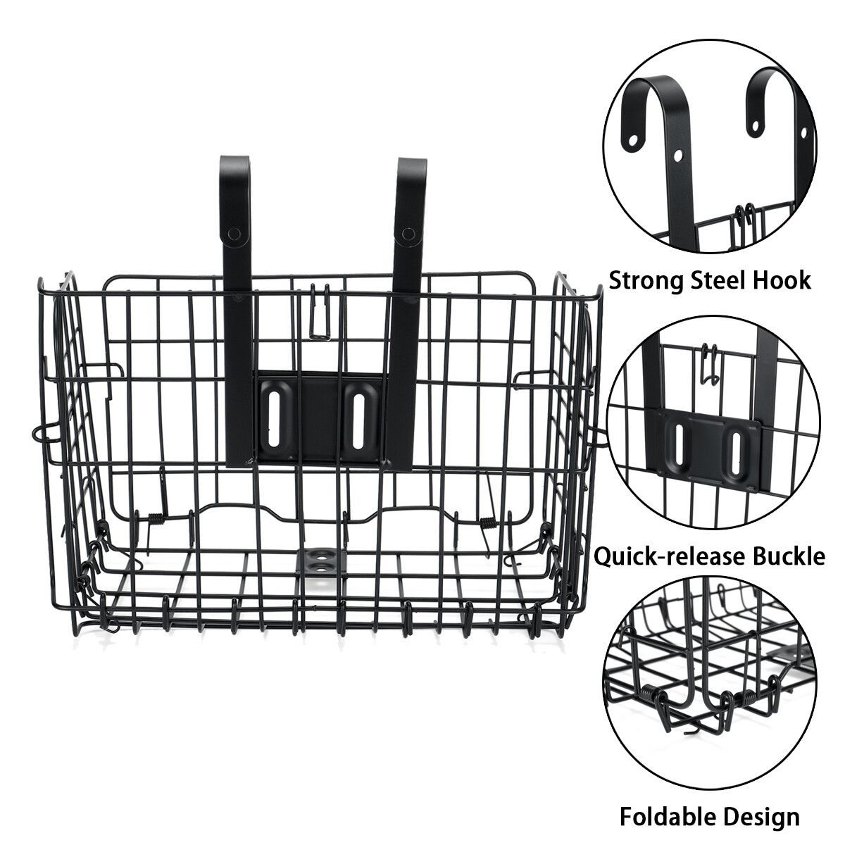 Front Rear Bike Folding Basket Wire Mesh Fold-Up Detachable Front Bag Rear Hanging Bike Basket Bicycle Bag Cargo Rack Gifts 33x22x20cm