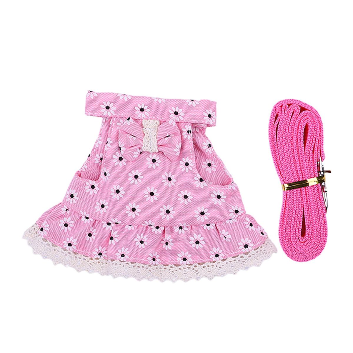 1 Set Pet Dress Red Checkered Starred Pet Leash Pink
