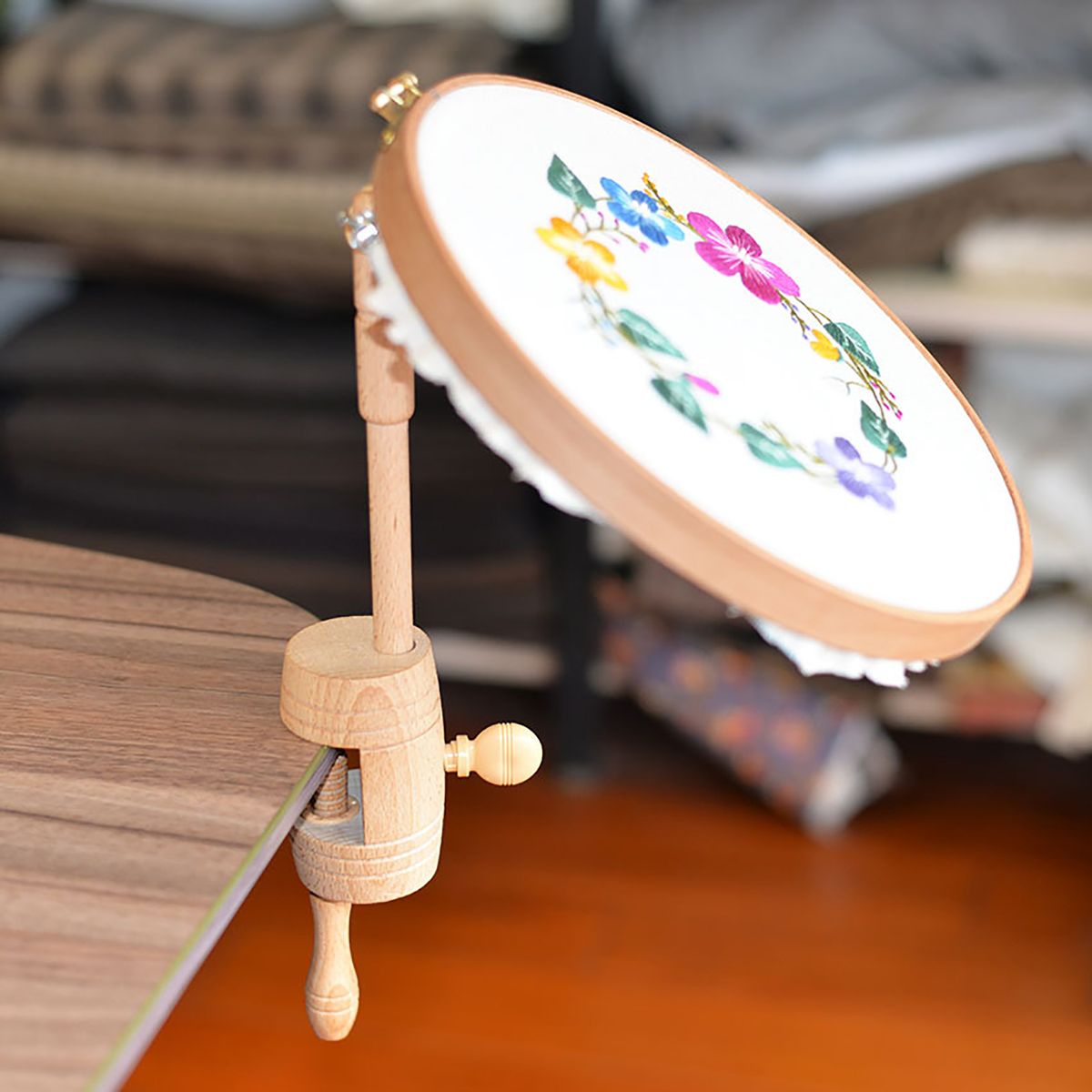 Wooden Embroidery Stand 360 Rotating Adjustable Desktop Stand Cross Stitch Rack Frames Embroidery Hoop Wood Cross Stitch Right Yellow