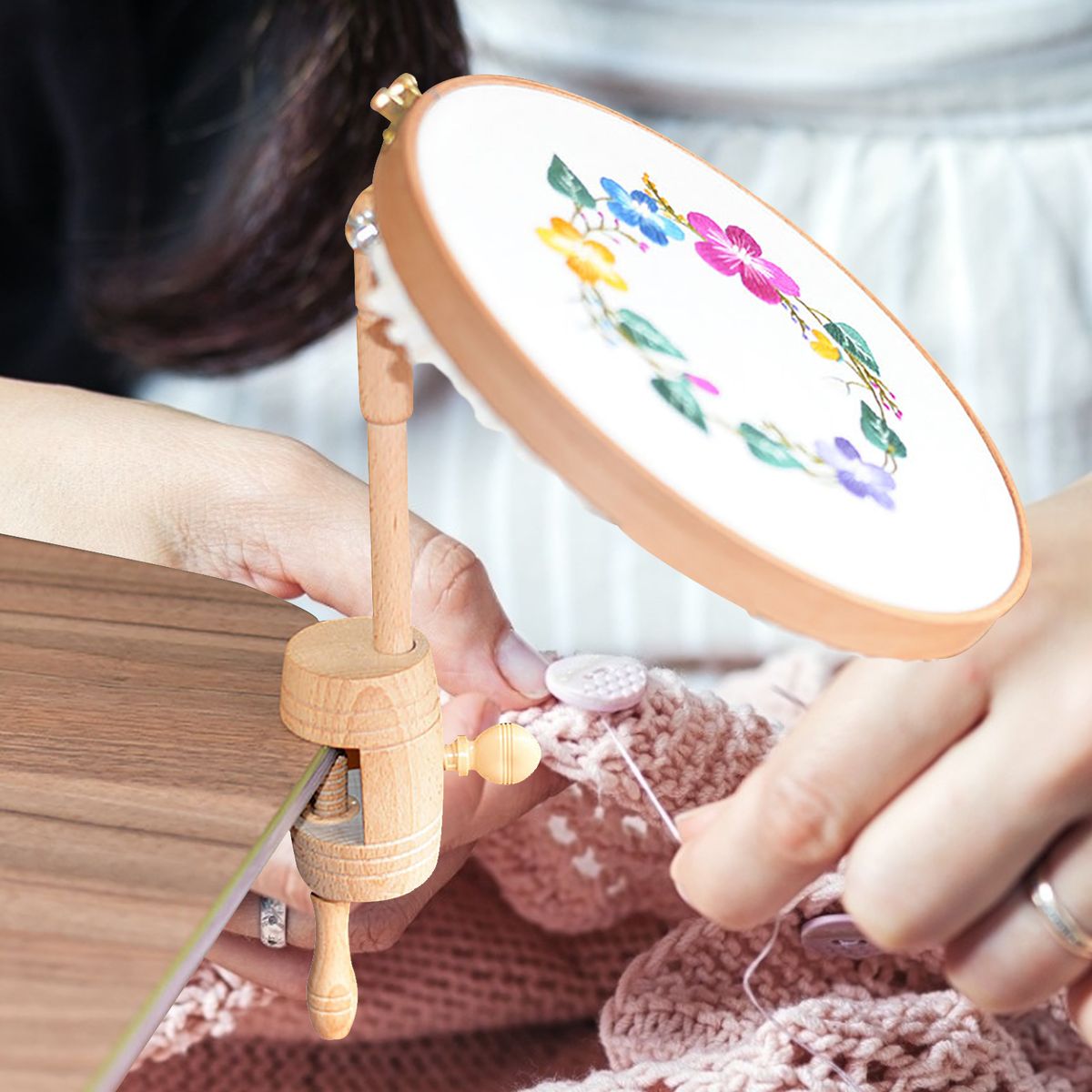 Wooden Embroidery Stand 360 Rotating Adjustable Desktop Stand Cross Stitch Rack Frames Embroidery Hoop Wood Cross Stitch Right Yellow