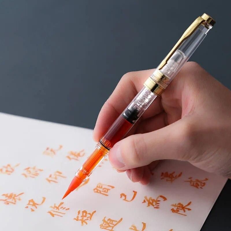 High Quality Plastic Fashion Office Transparent Soft Brush Tip Nib Writing Ink Fountain Pen