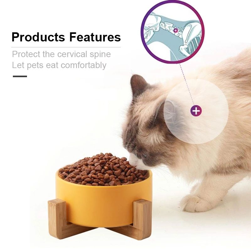 Pet Bowl 13cm/400ml Pet Ceramic Bowl, Style:Single Bowl With Wooden S
