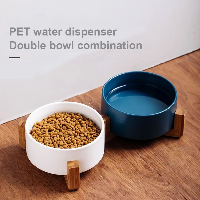 Pet Bowl 13cm/400ml Pet Ceramic Bowl, Style:Single Bowl With Wooden S