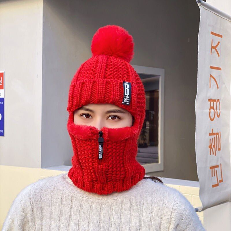 Women Wool Knitted Hat Ski Hat Sets Windproof Winter Outdoor Knit Thick Siamese Scarf Collar Warm Keep Face Warmer Beanies Hat-Red-A