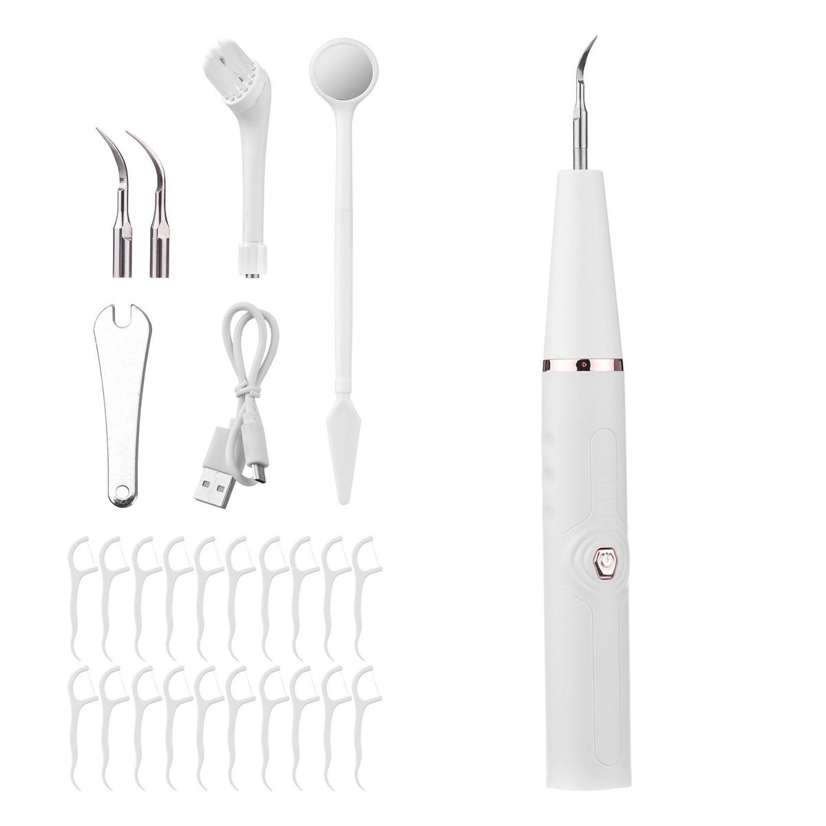 Electric Dental Calculus Remover Tooth Cleaner Tartar Remover USB Charging Teeth Cleaning Kit with Tongue Scraper Oral Mirror White