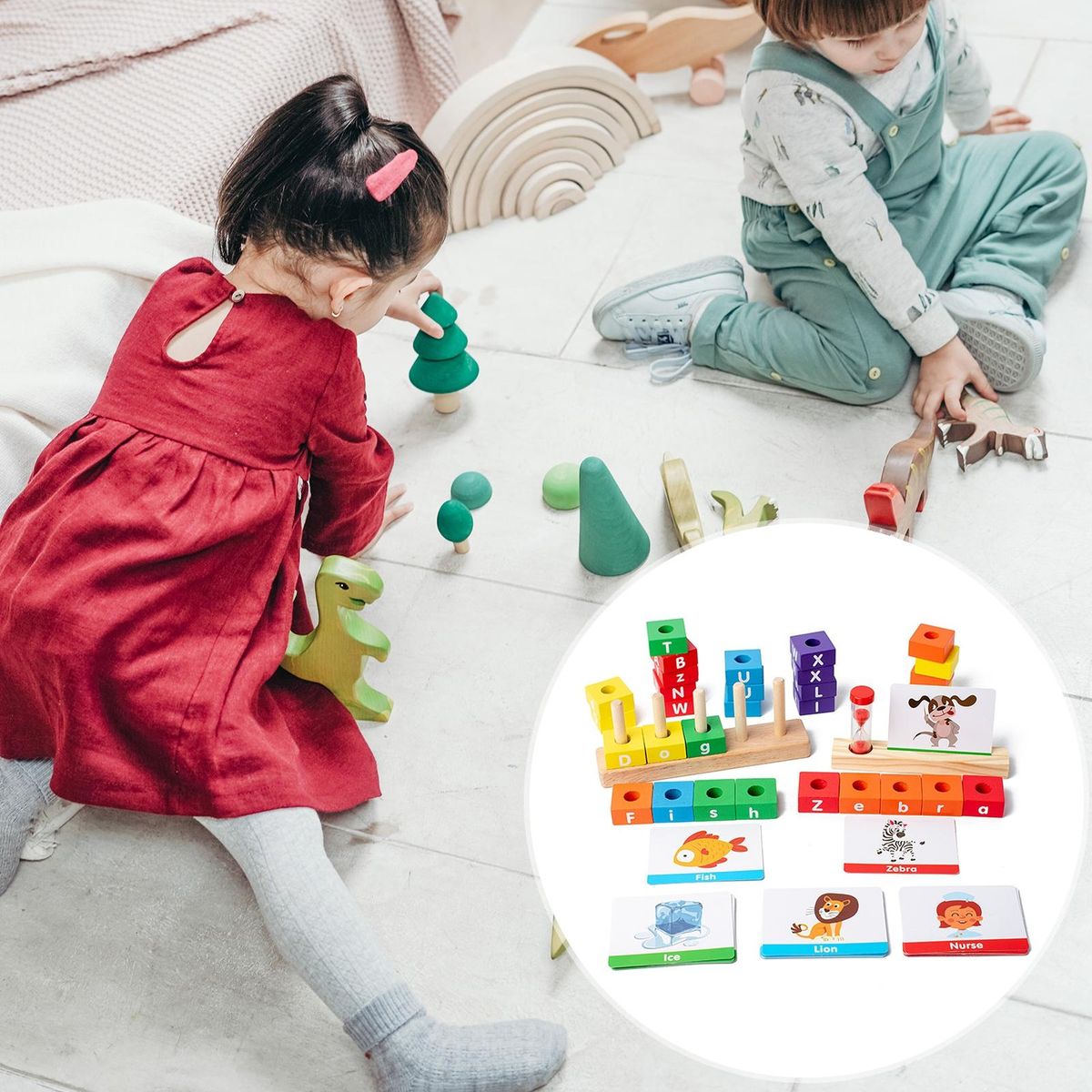 Wooden English Letters Spelling Words Building Blocks Smooth for Early
