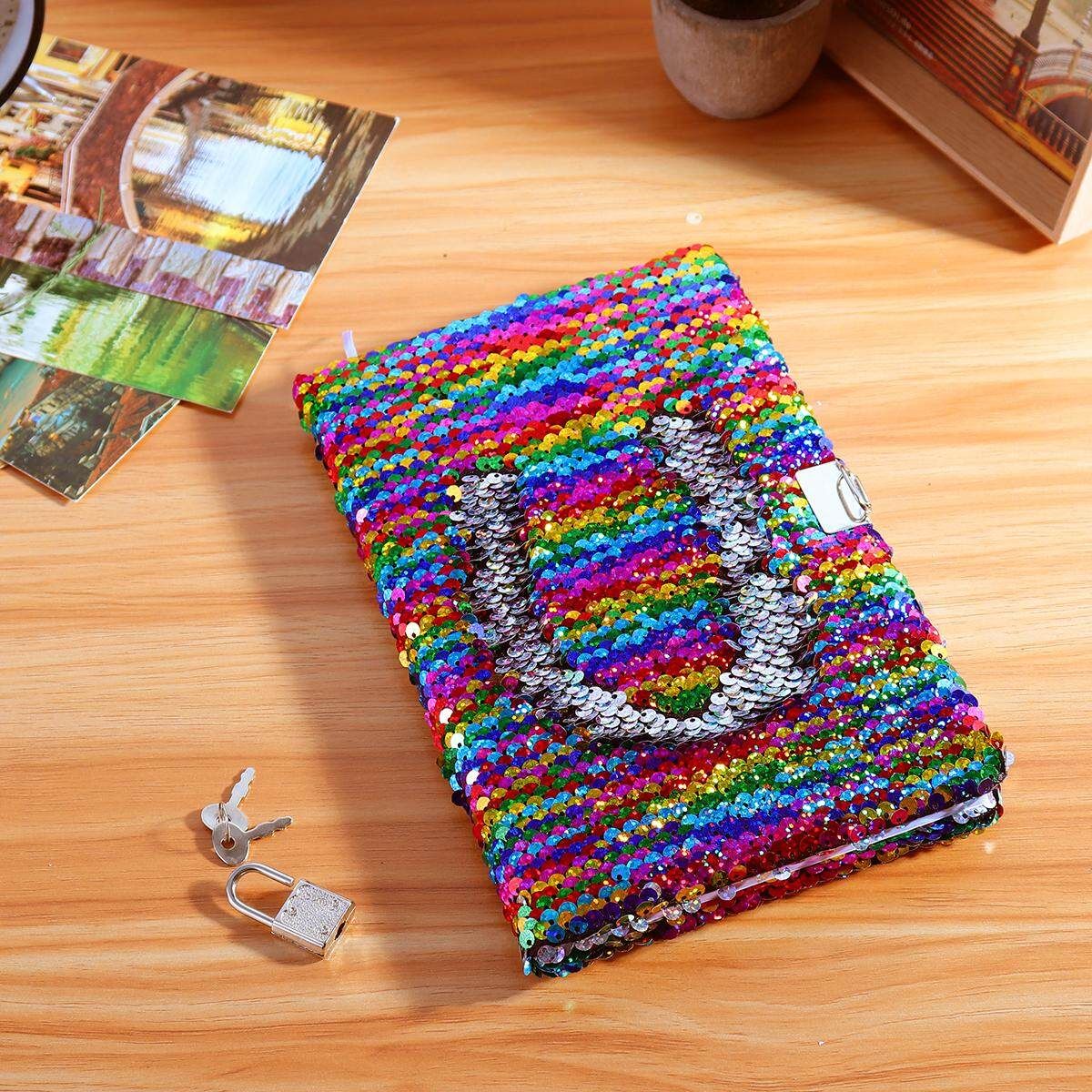 Kid Girls Magic Reversible Sequin Notebook Diary Lined A5 Journal W/ Lock & Key Seven Colors