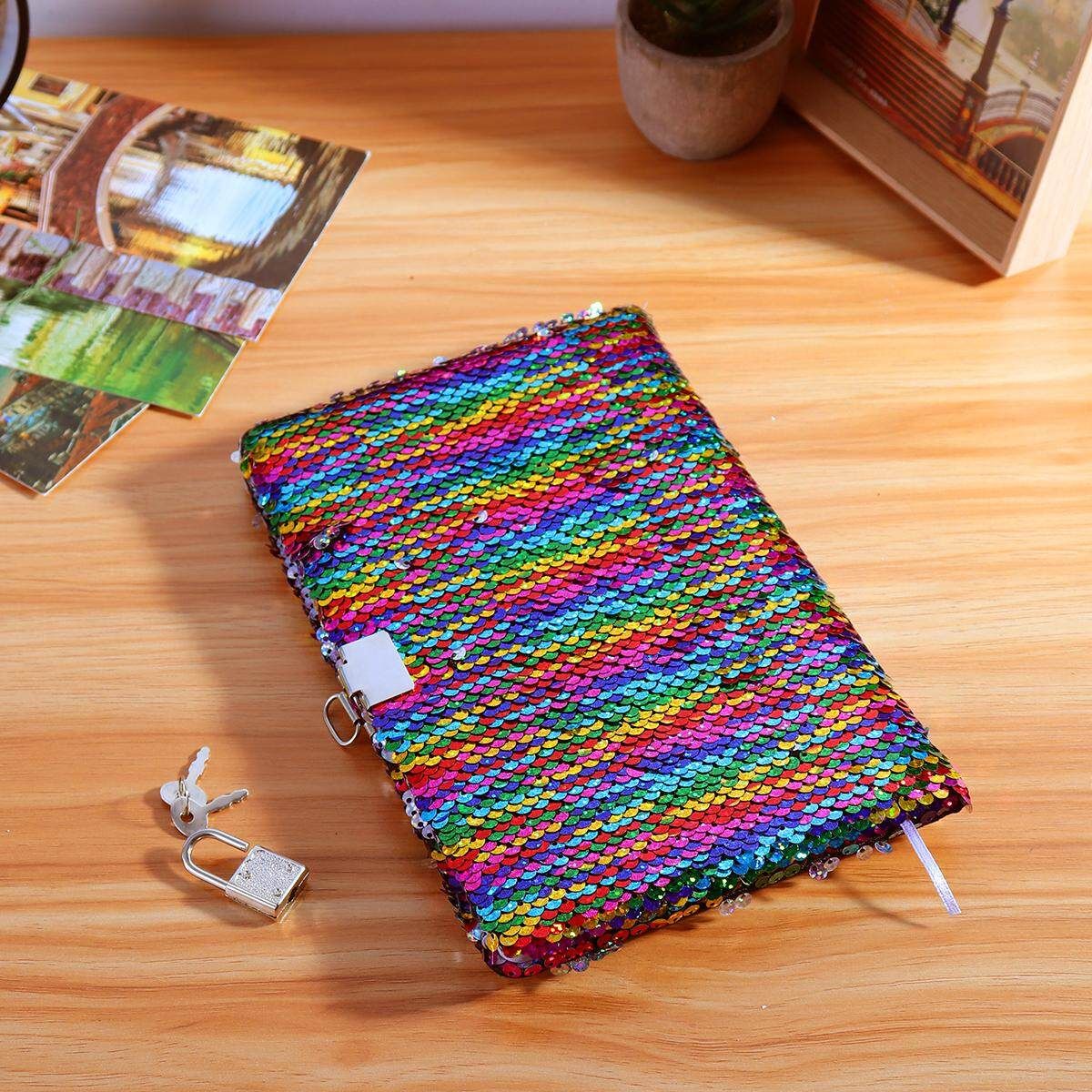 Kid Girls Magic Reversible Sequin Notebook Diary Lined A5 Journal W/ Lock & Key Seven Colors