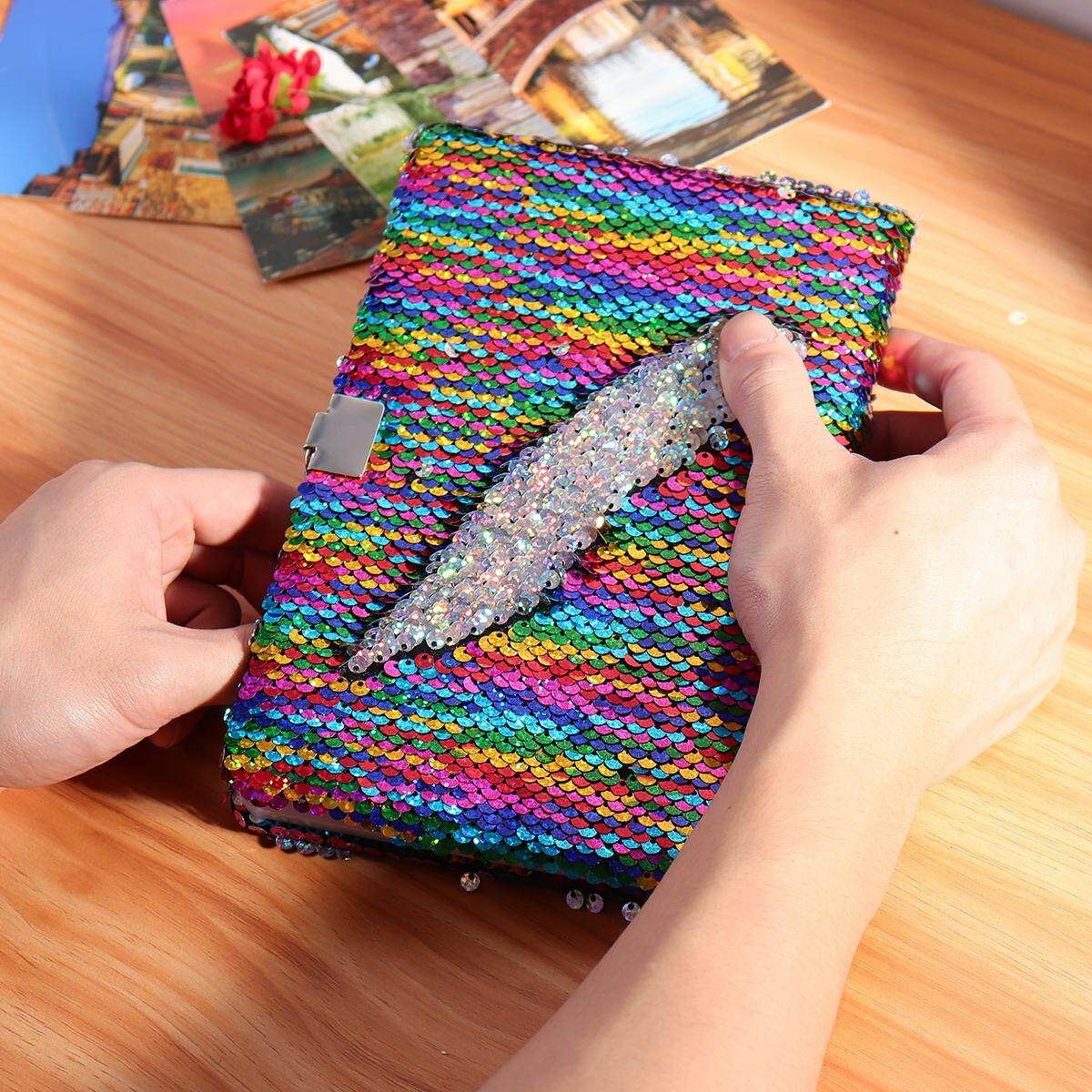 Kid Girls Magic Reversible Sequin Notebook Diary Lined A5 Journal W/ Lock & Key Seven Colors