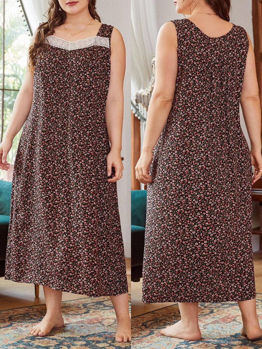 Women Lounger Dress Floral Printed Sleeveless Plus Size Loose Nightgowns Lounging Pyjamas