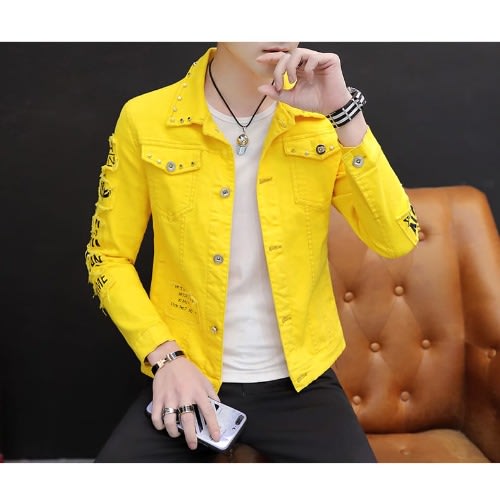 Men's Denim Jackets  Rivets Ripped Denim - Bomber Yellow