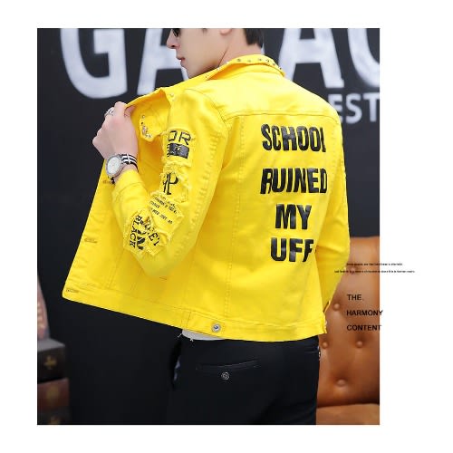 Men's Denim Jackets  Rivets Ripped Denim - Bomber Yellow